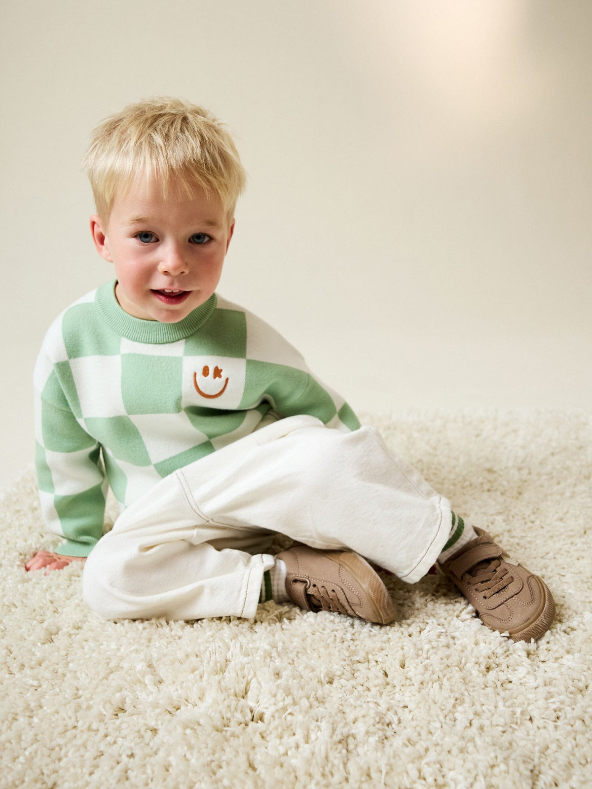 Green Checkerboard Knitted Crew Neck Jumper (3mths-7yrs)