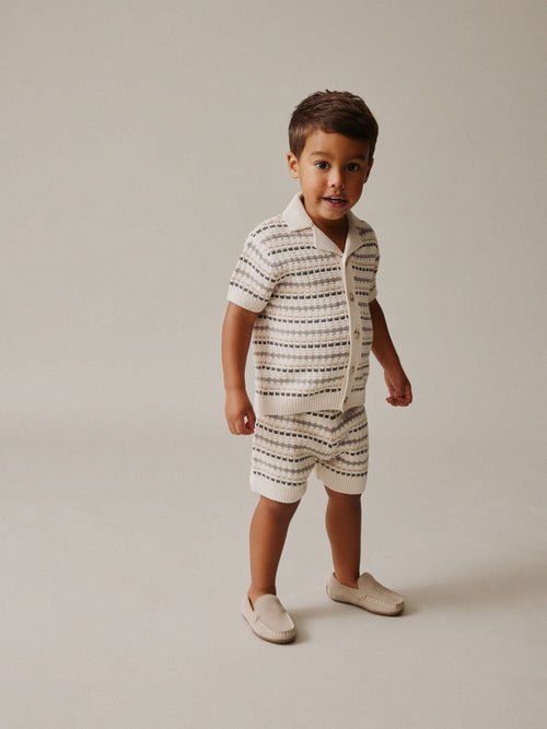 Neutral Textured Revere Collar Knitted Polo Shirt and Shorts Set (3mths-10yrs)