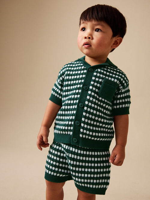 Green Textured Knitted Polo Shirt and Shorts Set (3mths-10yrs)