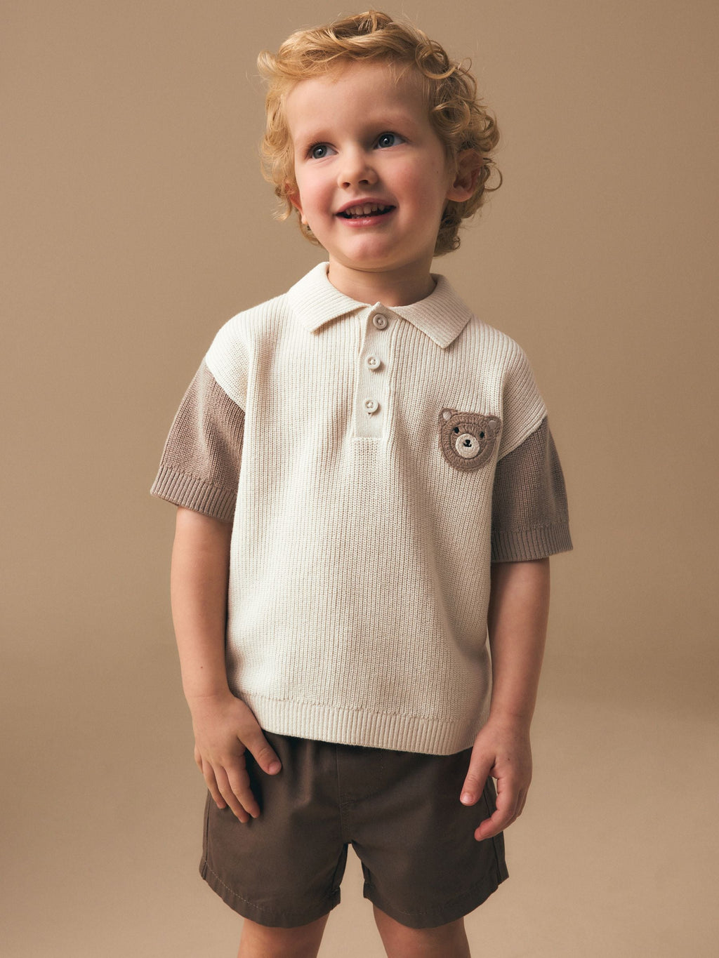 Neutral Bear Character Button Neck Knitted Polo Shirt (3mths-7yrs)