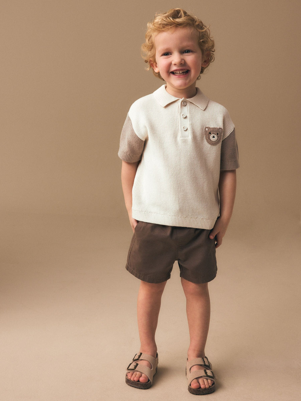 Neutral Bear Character Button Neck Knitted Polo Shirt (3mths-7yrs)