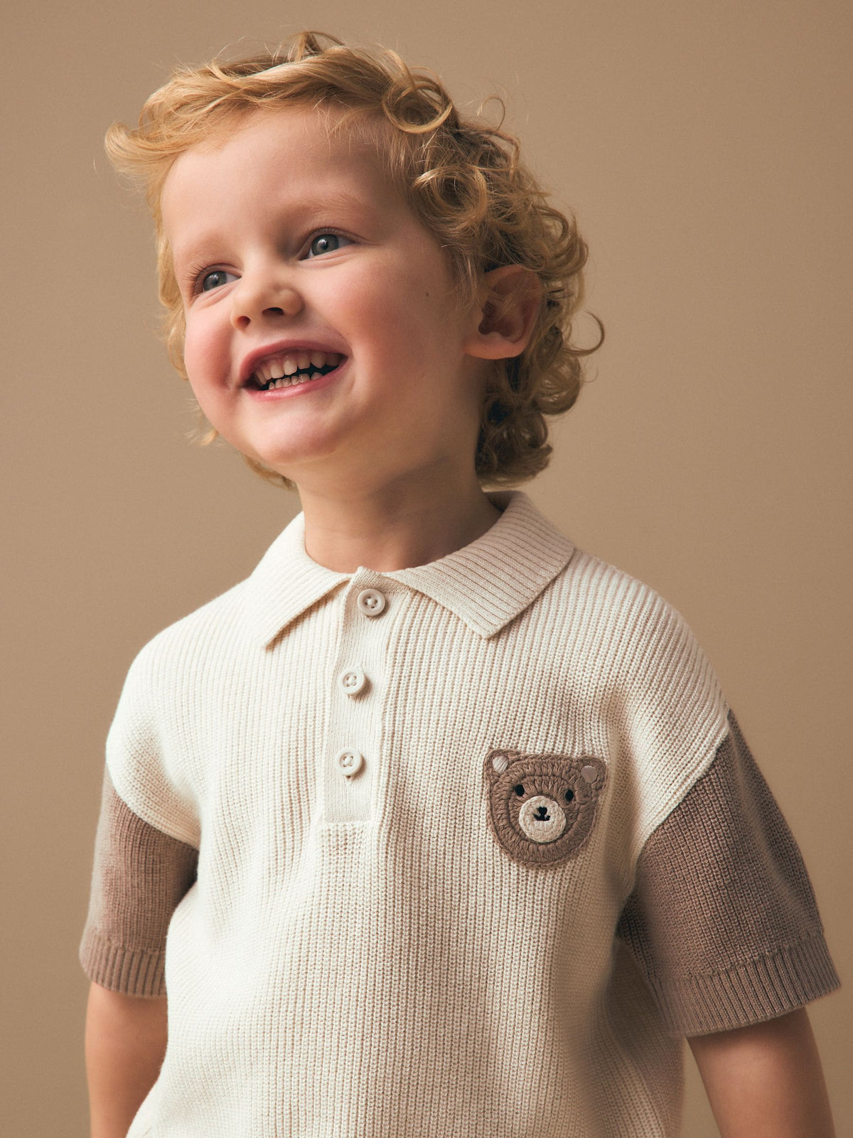 Neutral Bear Character Button Neck Knitted Polo Shirt (3mths-7yrs)