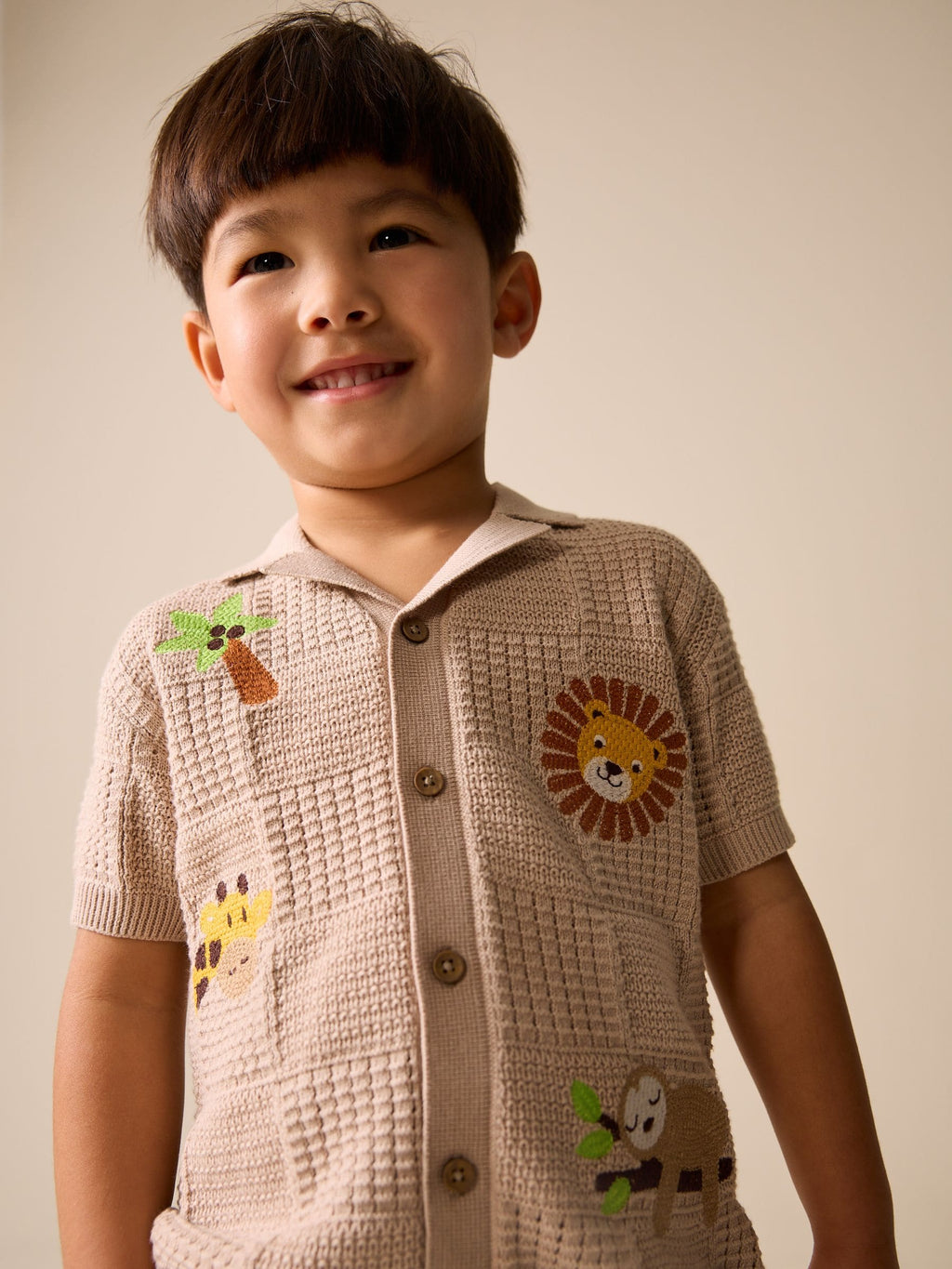 Neutral Safari Revere Collar Short Sleeve Knitted Polo Shirt (3mths-7yrs)