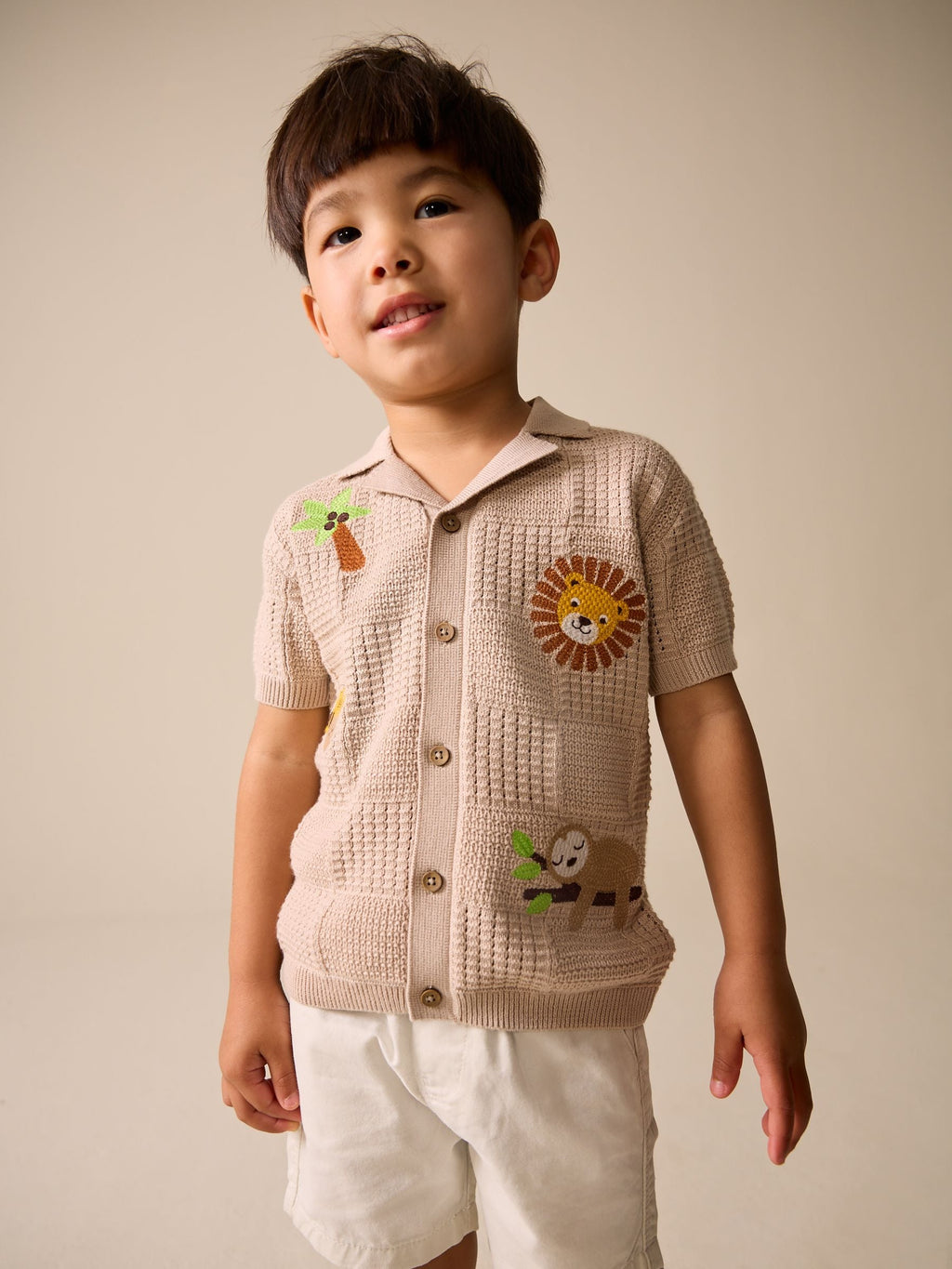 Neutral Safari Revere Collar Short Sleeve Knitted Polo Shirt (3mths-7yrs)