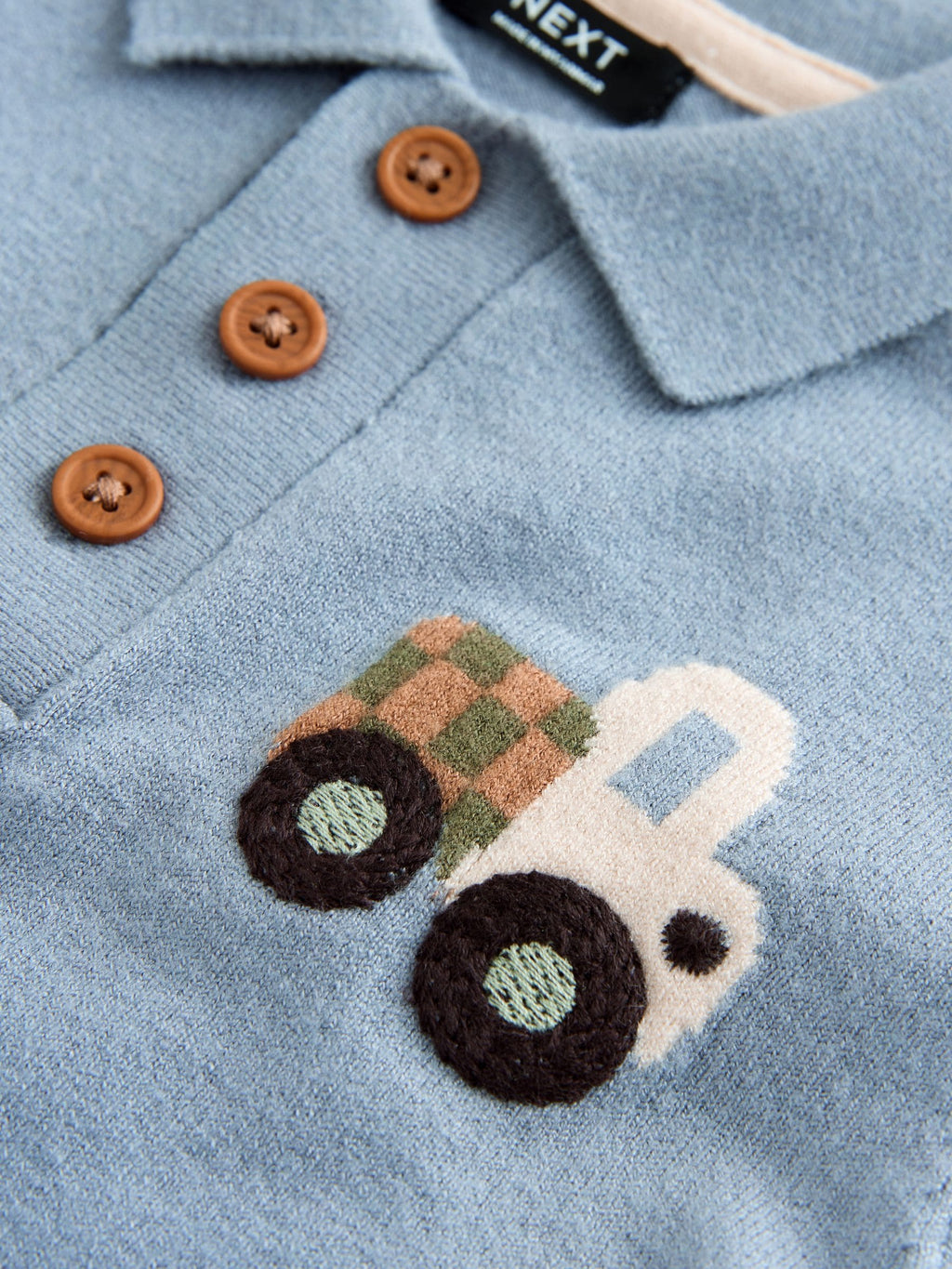 Blue Transport Character Button Neck Knitted Polo Shirt (3mths-7yrs)