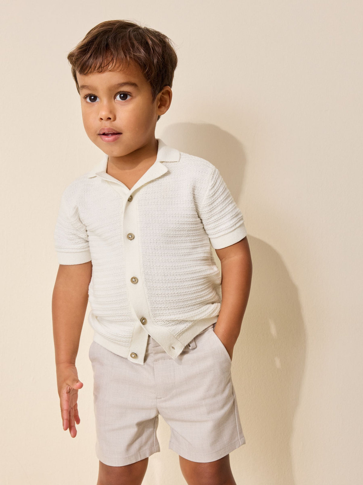 Ecru Revere Collar Short Sleeve Knitted Polo Shirt (3mths-7yrs)