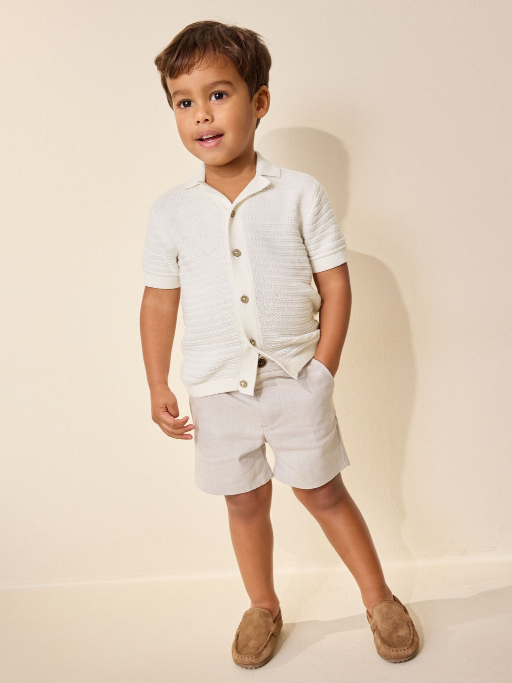 Ecru Revere Collar Short Sleeve Knitted Polo Shirt (3mths-7yrs)