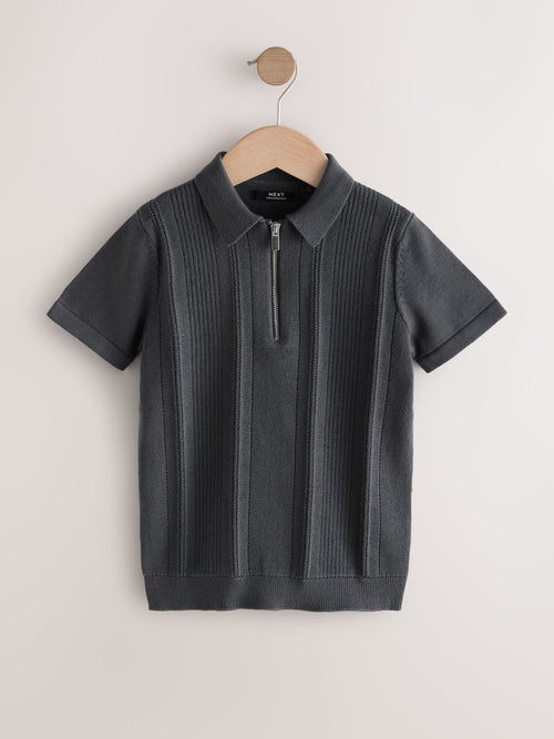 Charcoal Grey Knitted Zip Neck Polo Shirt (3-16yrs)