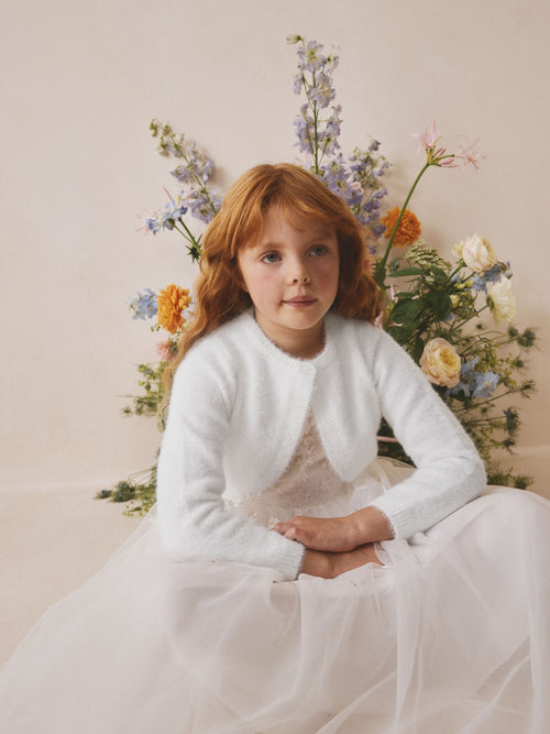 White Occasion Bridesmaid Knitted Fluffy Cardigan Shrug (12mths-16yrs)
