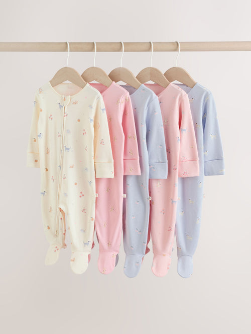 Multi Pastel Character Two Way Zip Baby Sleepsuits 5 Pack (0-2yrs)
