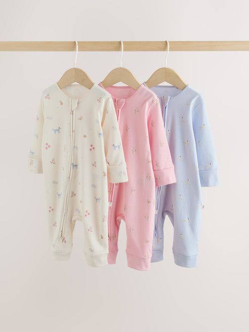 Multi Pastel Character 3 Pack Two Way Zip Baby Sleepsuit (0mths-3yrs)