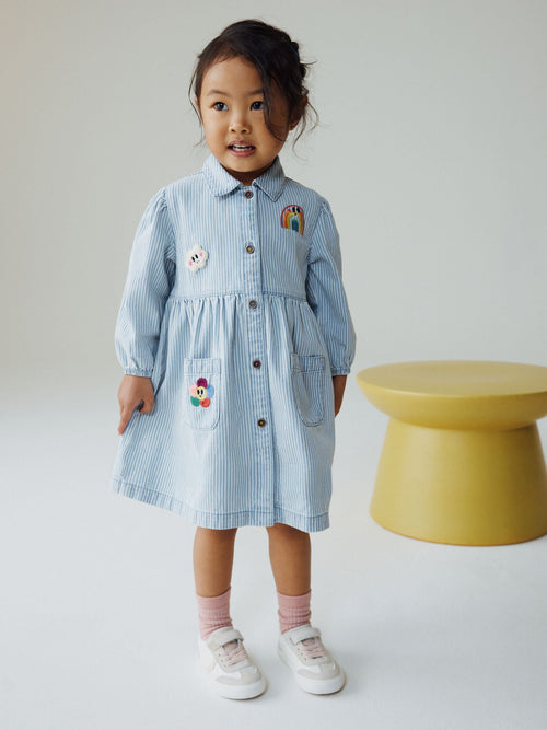 Blue Stripe Long Sleeve Cotton Dress (3mths-8yrs)