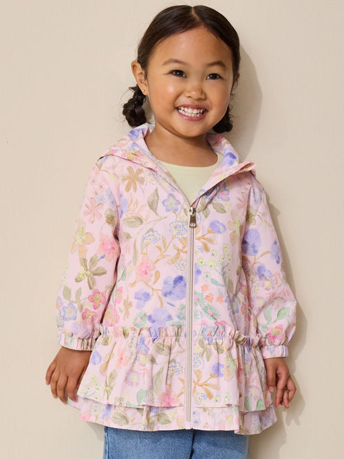 Pink Floral Printed Shower Resistant Frill Hem Raincoat (3mths-7yrs)