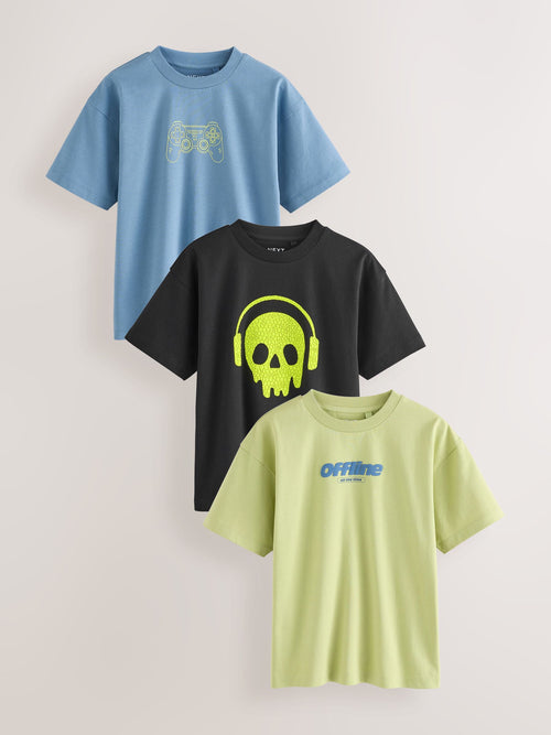 Blue/Black/Green Relaxed Fit Graphic Print Short Sleeve T-Shirts 3 Pack (3-16yrs)