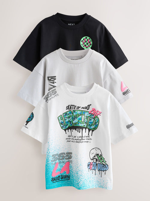 White/Black/Grey Relaxed Fit Graphic Print Short Sleeve T-Shirts 3 Pack (3-16yrs)