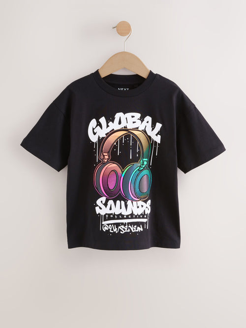 Black Headphones Relaxed Fit Short Sleeve Graphic T-Shirt (3-16yrs)