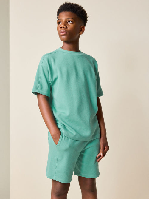 Green Textured Short Sleeve T-Shirt and Shorts Set (3-16yrs)