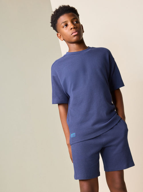 Navy Blue Textured Short Sleeve T-Shirt and Shorts Set (3-16yrs)