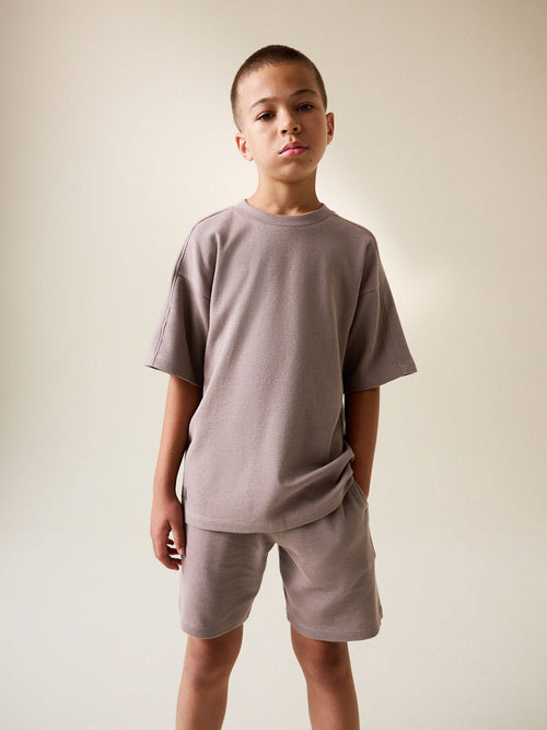 Mink Brown Textured Short Sleeve T-Shirt and Shorts Set (3-16yrs)
