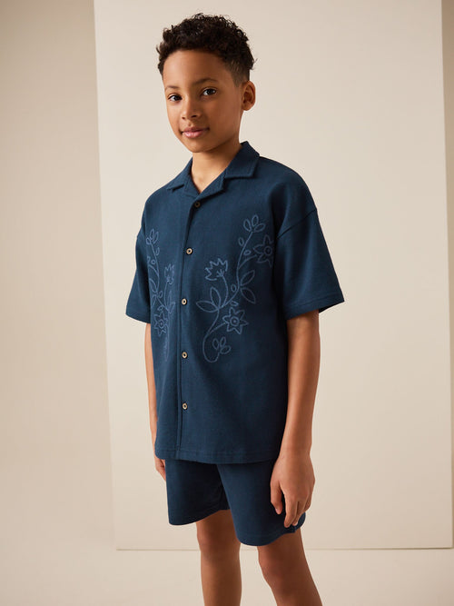 Navy Revere Button Through Shirt and Shorts Set (3-16yrs)