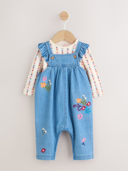 Embroidered Denim Dungarees and Long Sleeve Bodysuit Set 2 Piece (0mths-3yrs)