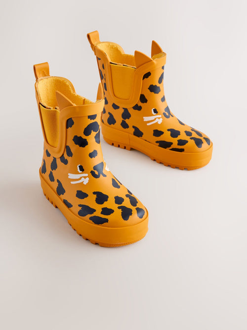 Yellow Leopard Print Warm Lined Ankle Wellies