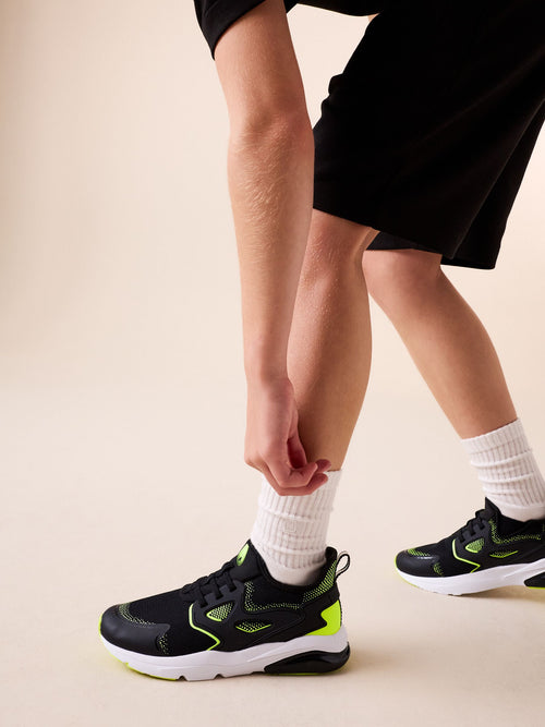 Black/Yellow Standard Fit (F) Elastic Lace Trainers