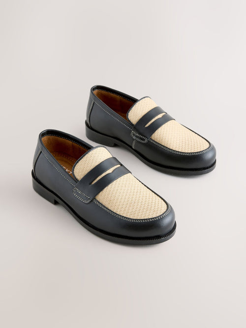 Black Woven Leather Loafers