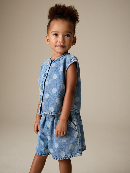 Mid Blue Denim Polka Dot Waistcoat and Shorts Set (3mths-7yrs)