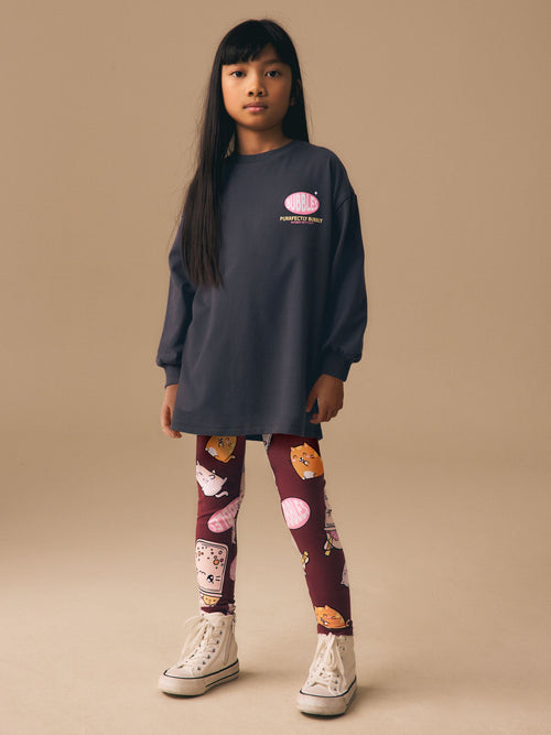 Charcoal Grey Bubble Tea Graphic Print Top and Leggings Set (3-16yrs)