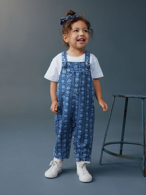 Mid Blue Floral Print Dungarees (3mths-7yrs)