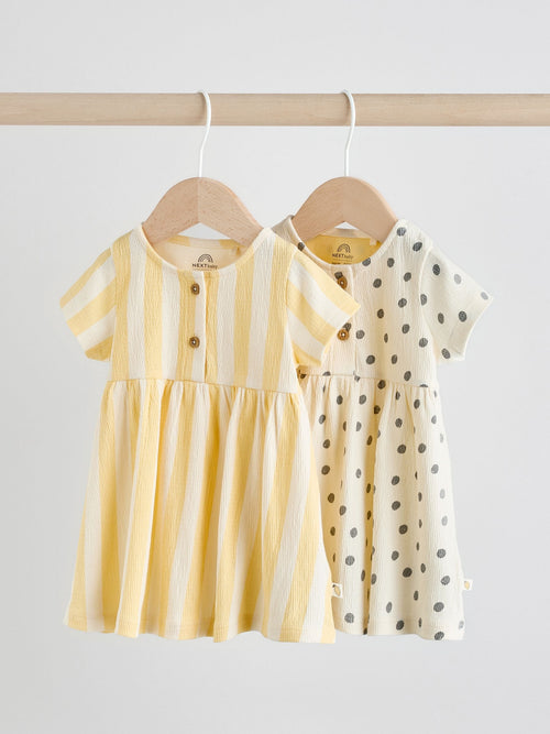 Yellow/Cream Spot/Stripe Baby Short Sleeve Dresse 2 Pack (0mths-3yrs)