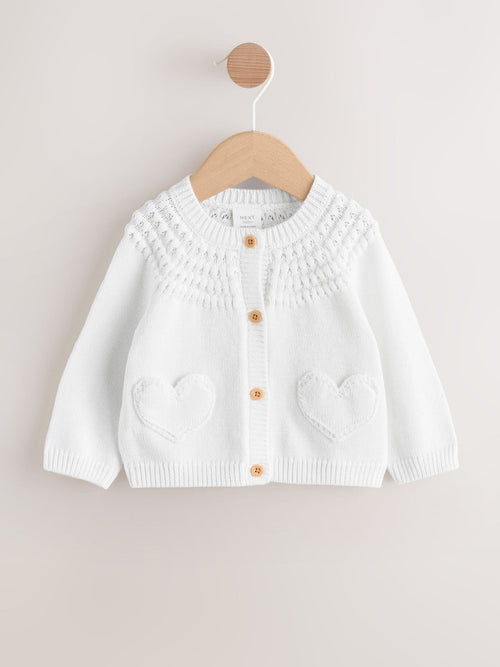 White Heart Pocket Button Through Baby Cardigan (0mths-2yrs)