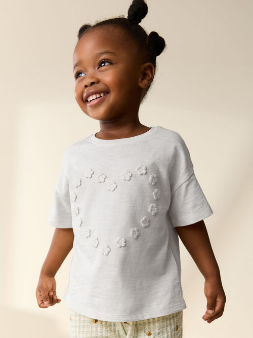 Ecru White Short Sleeve Heart Embroidered Top (3mths-7yrs)