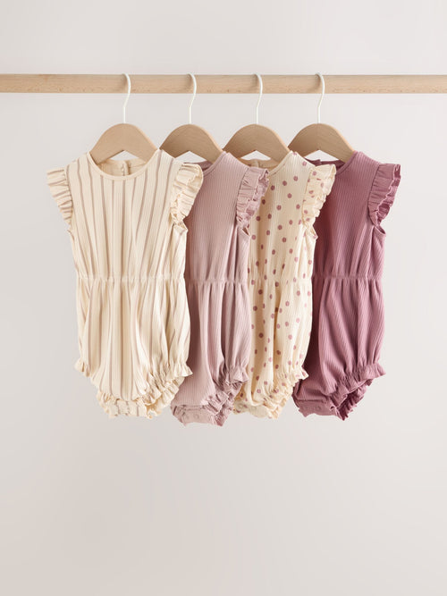 Pink Tonal Spot and Stripe Frill Shoulder Baby Rompers 4 Pack
