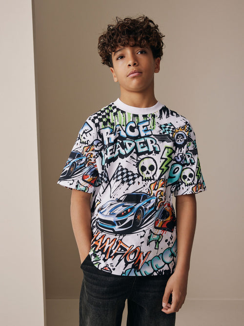 White Racing Graffit Short Sleeve Graphic T-Shirt (3-16yrs)