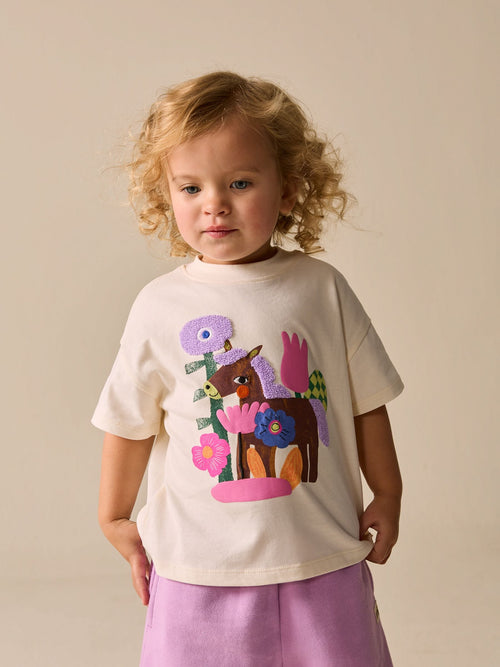 Ecru White Horse Short Sleeve T-Shirt (3mths-7yrs)