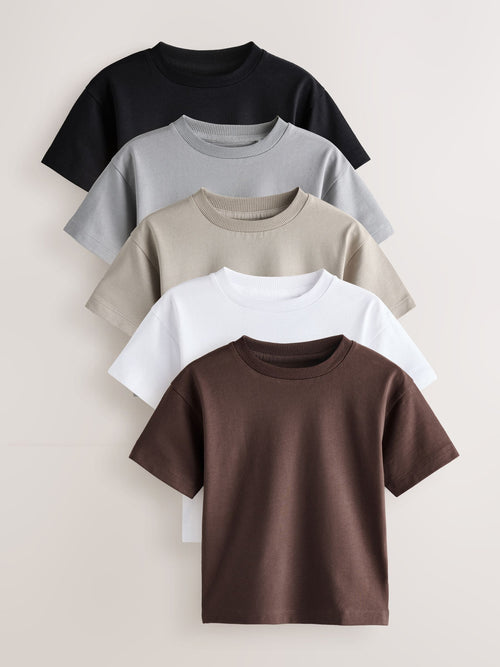 Black/Grey/Brown/Stone/White Relaxed Fit Short Sleeve T-Shirts 5 Pack (3mths-7yrs)