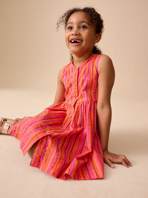 Red/Pink Stripe Stripe Short Sleeve Button Through Dress (3-16yrs)