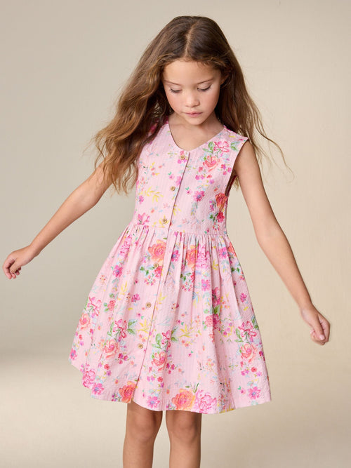 Pink Floral Stripe Short Sleeve Button Through Dress (3-16yrs)