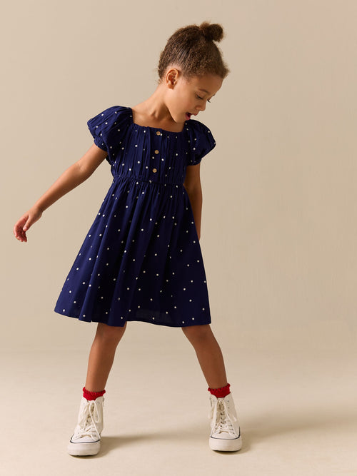 Navy Blue Spot Short Sleeve Dress (3-16yrs)