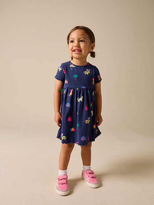 Navy Pets Short Sleeve Ribbed Dress (3mths-7yrs)
