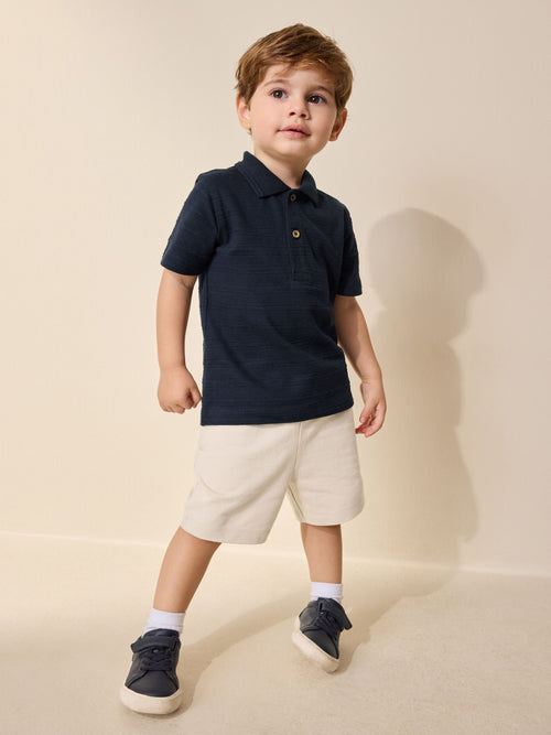 Navy Short Sleeve Textured Polo Shirt and Shorts Set (3mths-7yrs)