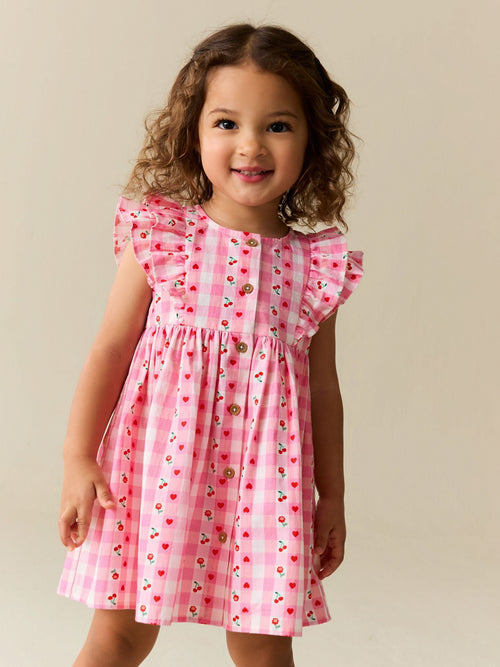 Pink Gingham Cherry Double Ruffle Sleeve Dress (3mths-8yrs)