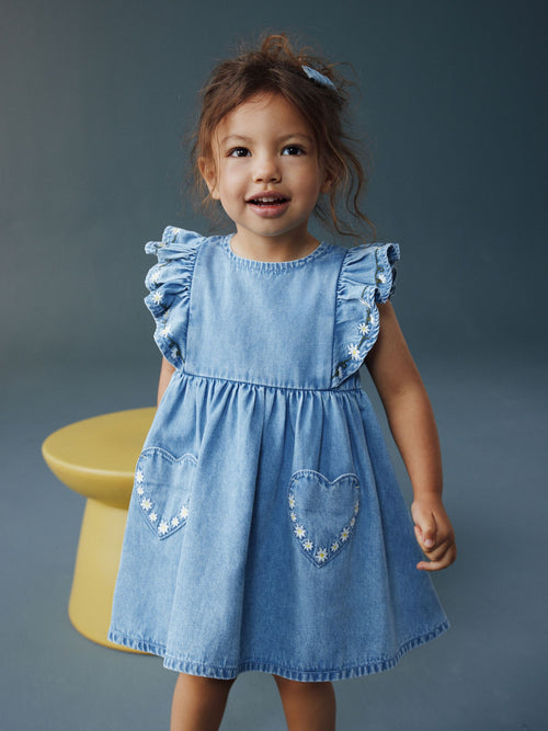 Mid Blue Denim Frill Sleeve Dress (3mths-8yrs)