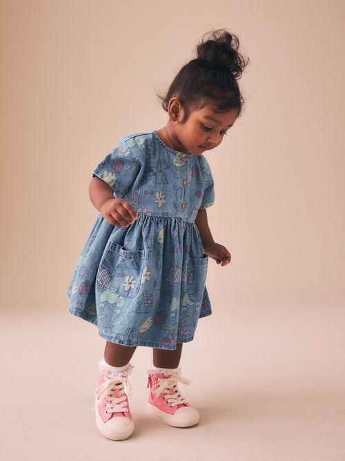 Pet Print Denim Short Sleeve Dress (3mths-8yrs)