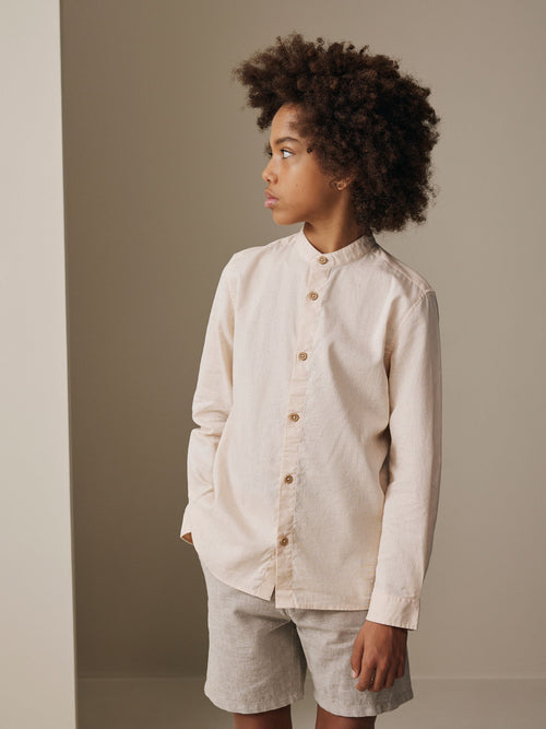Peach Pink Grandad Collar Linen Mix Long Sleeve Shirt (3-16yrs)