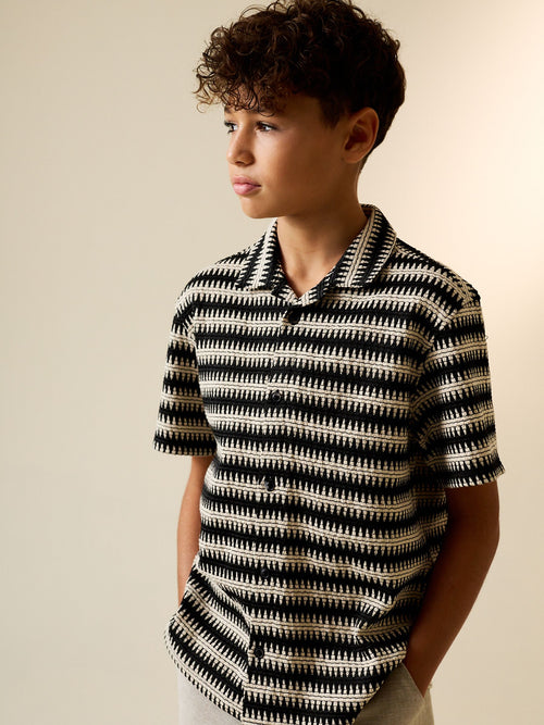 Black/Ecru Short Sleeve Textured Stripe Revere Shirt (3-16yrs)