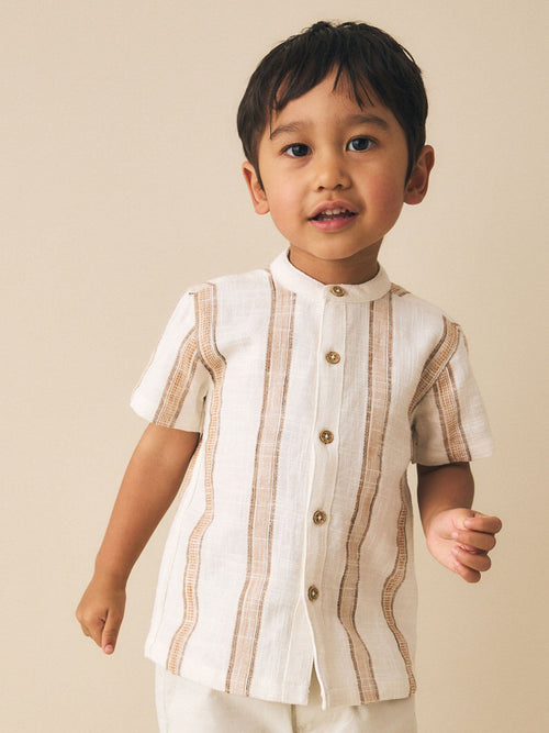Ecru/Brown Short Sleeve Grandad Collar Textured Stripe Shirt (3mths-7yrs)
