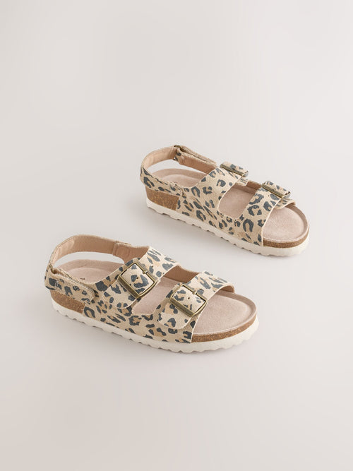 Tan Brown Leopard Print Standard Fit (F) Touch and Close Corkbed Sandals